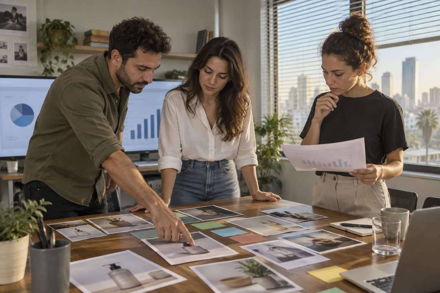 צוות שיווק במשרד בתל אביב בוחן תמונות מוצר ומתכנן פעילות לגיוס לקוחות סביב שולחן עבודה