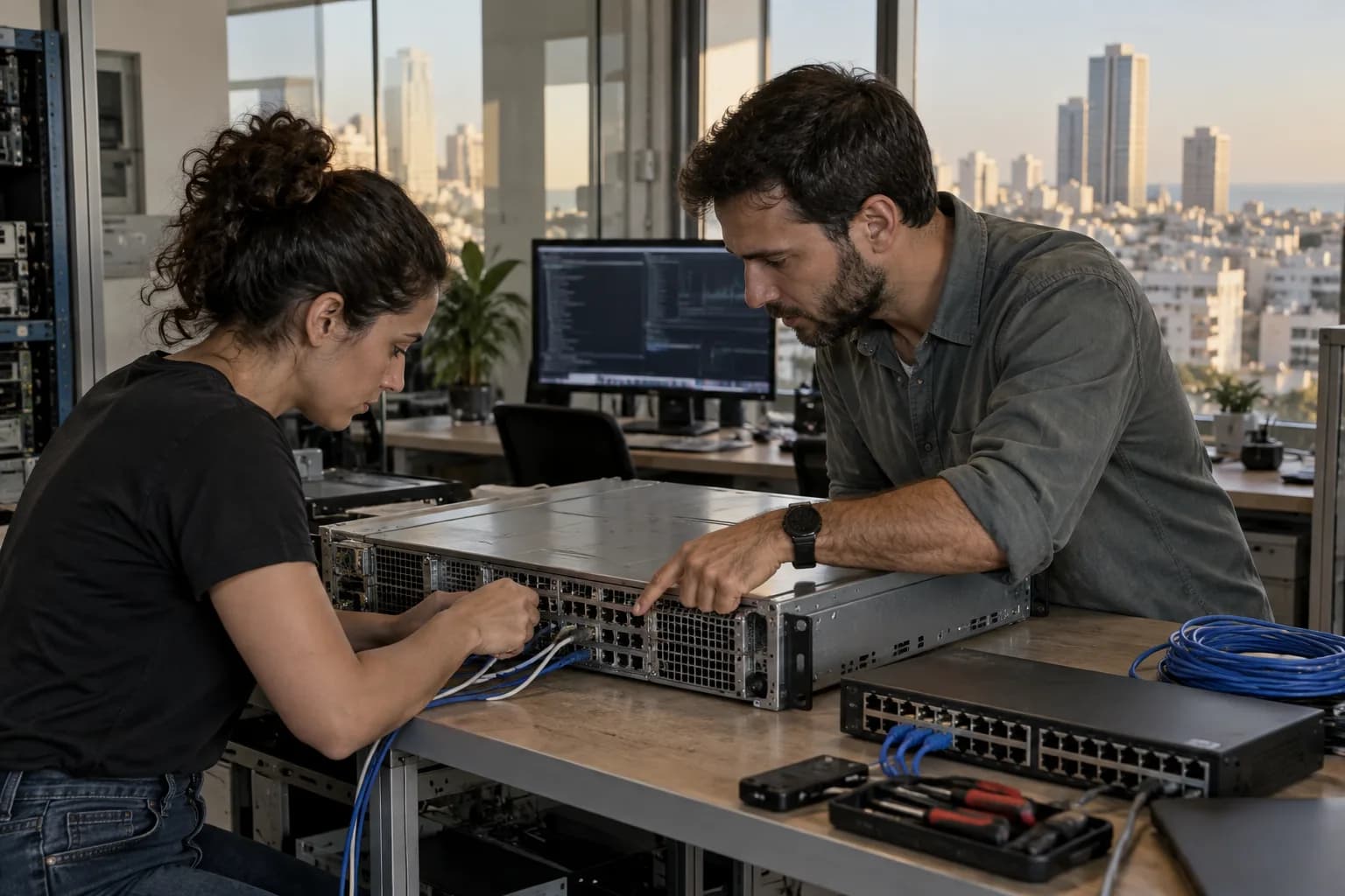 אנשי אבטחה בוחנים שרת וציוד רשת במעבדת בדיקות במשרד בתל אביב