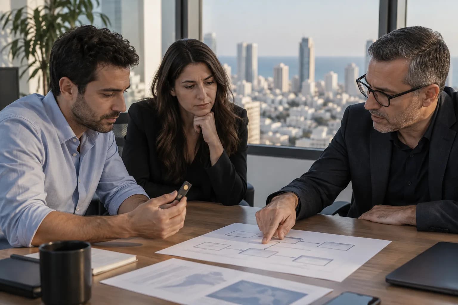 דיון המחשה במשרד בתל אביב: אנשי אבטחה ורכש בוחנים תרשים הרשאות ומפתח אימות פיזי