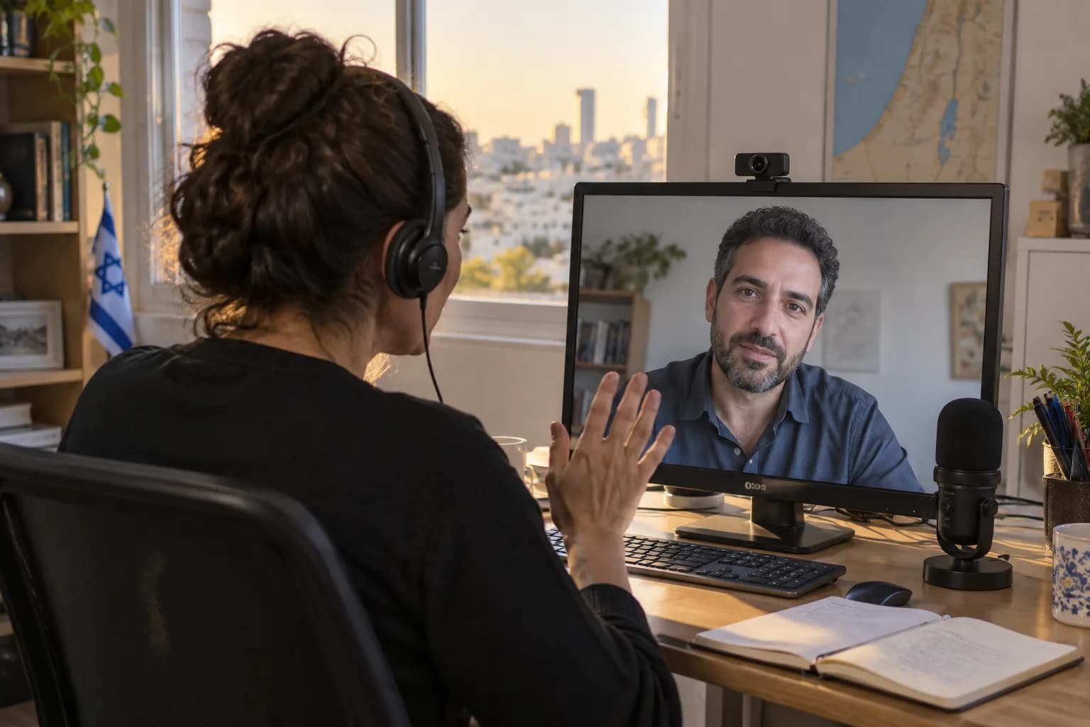 סצנת המחשה של בודק עם אוזניות המרים יד מול בן שיח המופיע בשיחת וידאו על מסך מחשב